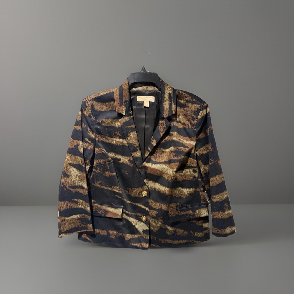 Michael Kors Women's Animal Print Blazer Jacket Size 10 Crop Gold Buttons Office